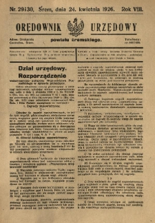 Orędownik Urzędowy Powiatu Śremskiego. 1926.04.24 R.8 Nr29-30