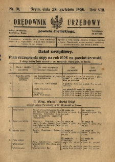 Orędownik Urzędowy Powiatu Śremskiego. 1926.04.28 R.8 Nr31