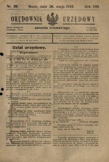 Orędownik Urzędowy Powiatu Śremskiego. 1926.05.26 R.8 Nr39