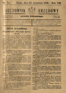 Orędownik Urzędowy Powiatu Śremskiego. 1926.09.22 R.8 Nr74