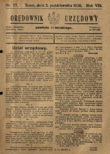 Orędownik Urzędowy Powiatu Śremskiego. 1926.10.02 R.8 Nr77