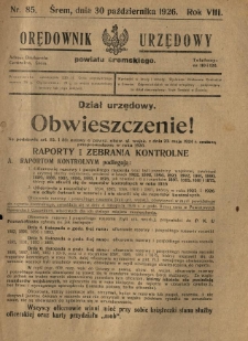 Orędownik Urzędowy Powiatu Śremskiego. 1926.10.30 R.8 Nr85