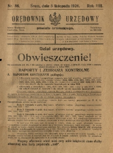 Orędownik Urzędowy Powiatu Śremskiego. 1926.11.03 R.8 Nr86