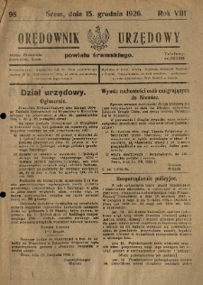 Orędownik Urzędowy Powiatu Śremskiego. 1926.12.15 R.8 Nr98