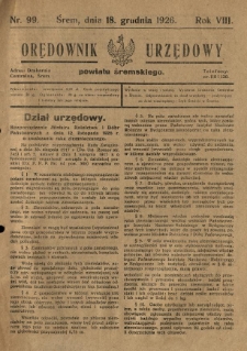 Orędownik Urzędowy Powiatu Śremskiego. 1926.12.18 R.8 Nr99