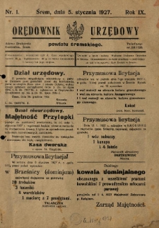 Orędownik Urzędowy Powiatu Śremskiego. 1927.01.05 R.9 Nr1