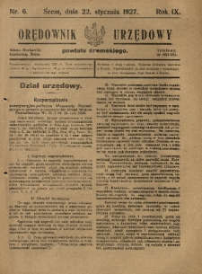 Orędownik Urzędowy Powiatu Śremskiego. 1927.01.22 R.9 Nr6