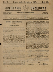 Orędownik Urzędowy Powiatu Śremskiego. 1927.02.16 R.9 Nr13