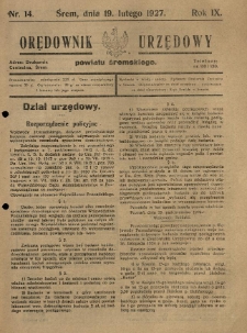Orędownik Urzędowy Powiatu Śremskiego. 1927.02.19 R.9 Nr14