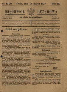 Orędownik Urzędowy Powiatu Śremskiego. 1927.03.12 R.9 Nr19-20
