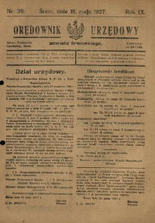 Orędownik Urzędowy Powiatu Śremskiego. 1927.05.18 R.9 Nr39