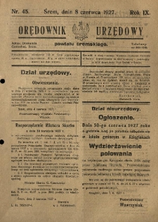 Orędownik Urzędowy Powiatu Śremskiego. 1927.06.08 R.9 Nr45
