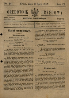 Orędownik Urzędowy Powiatu Śremskiego. 1927.07.16 R.9 Nr54