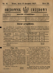 Orędownik Urzędowy Powiatu Śremskiego. 1927.08.10 R.9 Nr61