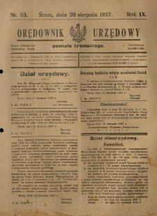 Orędownik Urzędowy Powiatu Śremskiego. 1927.08.20 R.9 Nr63