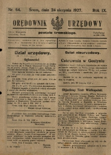 Orędownik Urzędowy Powiatu Śremskiego. 1927.08.24 R.9 Nr64