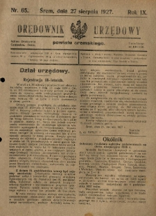 Orędownik Urzędowy Powiatu Śremskiego. 1927.08.27 R.9 Nr65