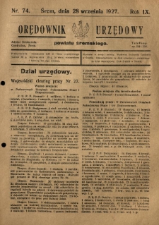 Orędownik Urzędowy Powiatu Śremskiego. 1927.09.28 R.9 Nr74