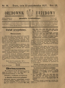 Orędownik Urzędowy Powiatu Śremskiego. 1927.10.22 R.9 Nr81