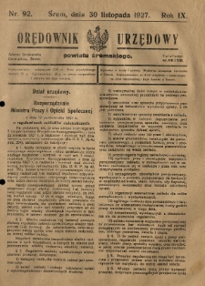 Orędownik Urzędowy Powiatu Śremskiego. 1927.11.30 R.9 Nr92