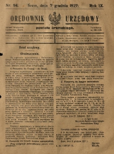 Orędownik Urzędowy Powiatu Śremskiego. 1927.12.07 R.9 Nr94