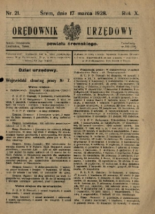 Orędownik Urzędowy Powiatu Śremskiego. 1928.03.17 R.10 Nr21