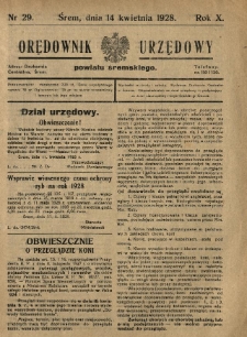 Orędownik Urzędowy Powiatu Śremskiego. 1928.04.14 R.10 Nr29