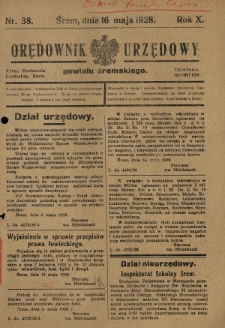 Orędownik Urzędowy Powiatu Śremskiego. 1928.05.16 R.10 Nr38