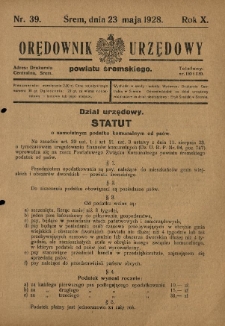 Orędownik Urzędowy Powiatu Śremskiego. 1928.05.23 R.10 Nr39