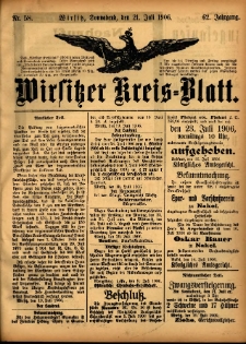 Wirsitzer Kreis-Blatt: herausgegeben vom Königlichen Landraths-Amte 1906.07.21 Jg.62 Nr58