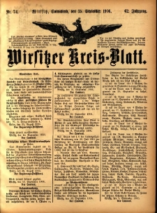 Wirsitzer Kreis-Blatt: herausgegeben vom Königlichen Landraths-Amte 1906.09.15 Jg.62 Nr74