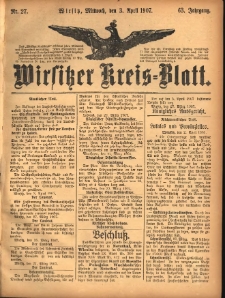 Wirsitzer Kreis-Blatt: herausgegeben vom Königlichen Landraths-Amte 1907.04.03 Jg.63 Nr27