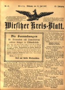 Wirsitzer Kreis-Blatt: herausgegeben vom Königlichen Landraths-Amte 1907.07.31 Jg.63 Nr61