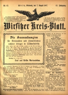 Wirsitzer Kreis-Blatt: herausgegeben vom Königlichen Landraths-Amte 1907.08.07 Jg.63 Nr63
