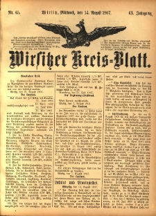 Wirsitzer Kreis-Blatt: herausgegeben vom Königlichen Landraths-Amte 1907.08.14 Jg.63 Nr65