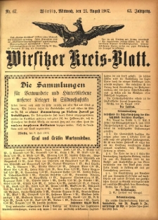 Wirsitzer Kreis-Blatt: herausgegeben vom Königlichen Landraths-Amte 1907.08.21 Jg.63 Nr67