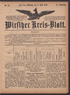 Wirsitzer Kreis-Blatt: herausgegeben vom Königlichen Landraths-Amte 1908.04.08 Jg.64 Nr29