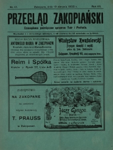 Przegląd Zakopiański : czasopismo poświęcone sprawom Tatr i Podhala 1905.08.12 R.7 Nr17