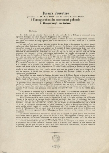 Discours d'ouverture prononcé le 16 Aout 1868 par le Comte Ladislas Plater à l'inauguration du monument polonais à Rapperswyl en Suisse