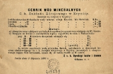 Cennik wód mineralnych C. K. Zakładu Zdrojowego w Krynicy