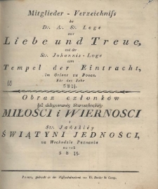 Mitgliederverzeichniss der Deputirten Alt Schottischen Loge Liebe und Treue, und der St. Johannis-Loge zum der Tempel Eintracht im Orient zu Posen für das Jahr 5822/23