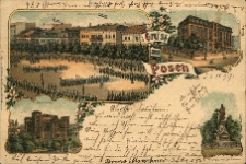 Gruss aus Posen. Parade auf dem Wilhelmsplatz.Landschaft.Kommandantur. Baugewerkschule. Realschule. Provinzial-Krieger-Denkmal.