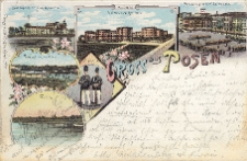 Gruss aus Posen. Garnisonkirche mit Kaserne. Kaserne d.Grenadier Reg.N:6. Parade auf dem Wilhelmplatz. Viaduct Louisenhain. Grenadier. Warthe.