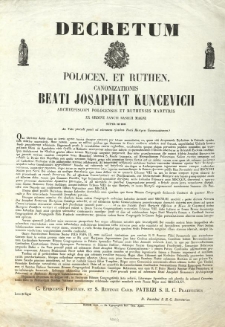 Decretum Polocen. et Ruthen. Canonizationis Beati Josaphat Kuncevicii Archiepiscopi Polocensis et Ruthensis Martyris ex Ordine Sancti Basilii Magni Super Dubio