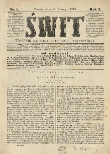 Świt : tygodnik naukowy, literacki i artystyczny. 1872.02.03 R.1 Nr1