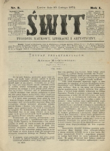 Świt : tygodnik naukowy, literacki i artystyczny. 1872.02.10 R.1 Nr2