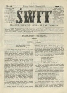 Świt : tygodnik naukowy, literacki i artystyczny. 1872.03.09 R.1 Nr6