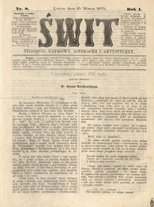 Świt : tygodnik naukowy, literacki i artystyczny. 1872.03.23 R.1 Nr8