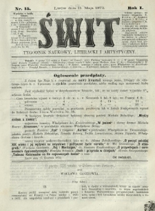 Świt : tygodnik naukowy, literacki i artystyczny. 1872.05.11 R.1 Nr15