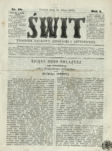 Świt : tygodnik naukowy, literacki i artystyczny. 1872.05.31 R.1 Nr18